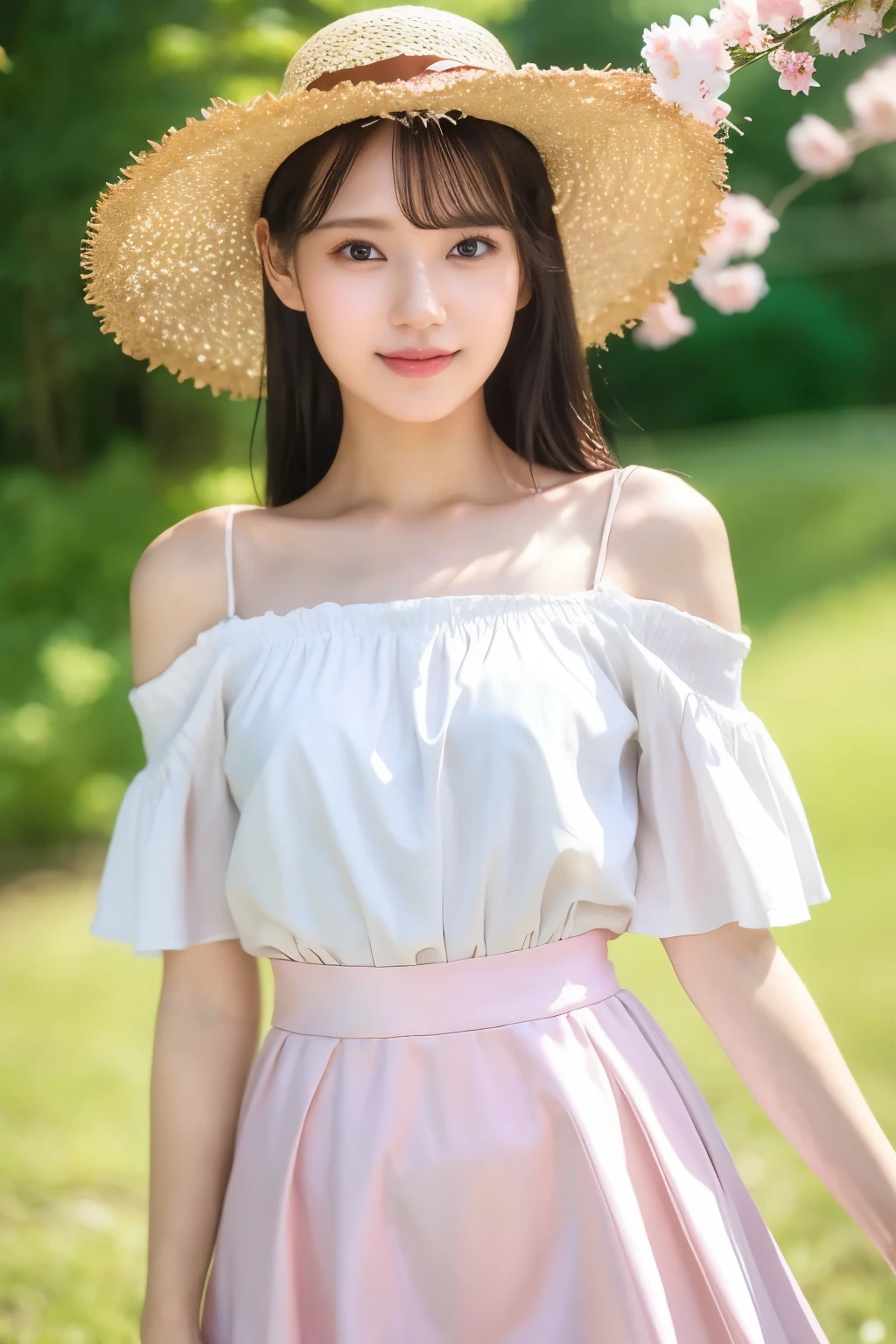 (Highest quality、Tabletop、8k、Best image quality、Hyperrealism)、Accurate anatomy、The best smile、(White off-the-shoulder blouse with large frills:1.2)、(Elegant and cute light pink flared skirt:1.2)、Blurry park background、Blurred cherry blossoms in full bloom、(standing elegantly:1.1)、(very bright and vivid:1.2)、(Super bright and radiant skin:1.3)、(Beautiful sunny sky:1.2)、The perfect straw hat