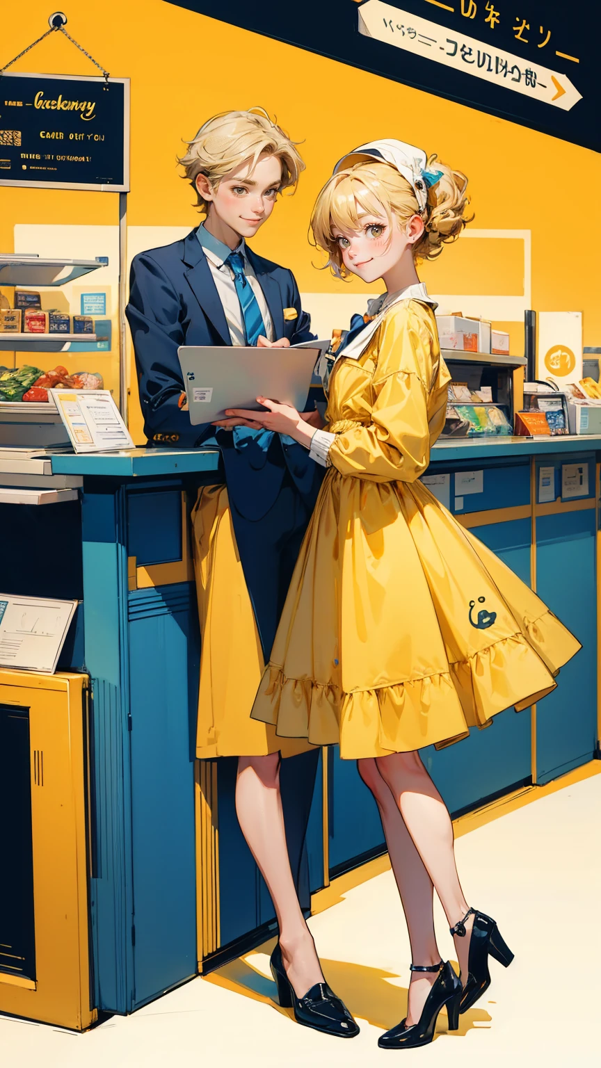 A humorous illustration of a verification process made easy. The scene features a character in a suit sitting behind a counter with a sign that reads 'RIDICULOUSLY EASY VERIFICATION CONS.' The character is handing over a verification card to a customer standing at the counter. The background includes various happy face icons, check marks, and other symbols related to verification. The setting has a warm, yellowish tone and a cartoonish style. Replace the character behind the counter with a beautiful, cute girl while maintaining the same humorous, warm, and cartoonish style. Ensure the new character has similarly styled hair and clothing to fit seamlessly into the scene. The background, icons, and overall color scheme should remain exactly the same, preserving the lighthearted and whimsical feel of the image