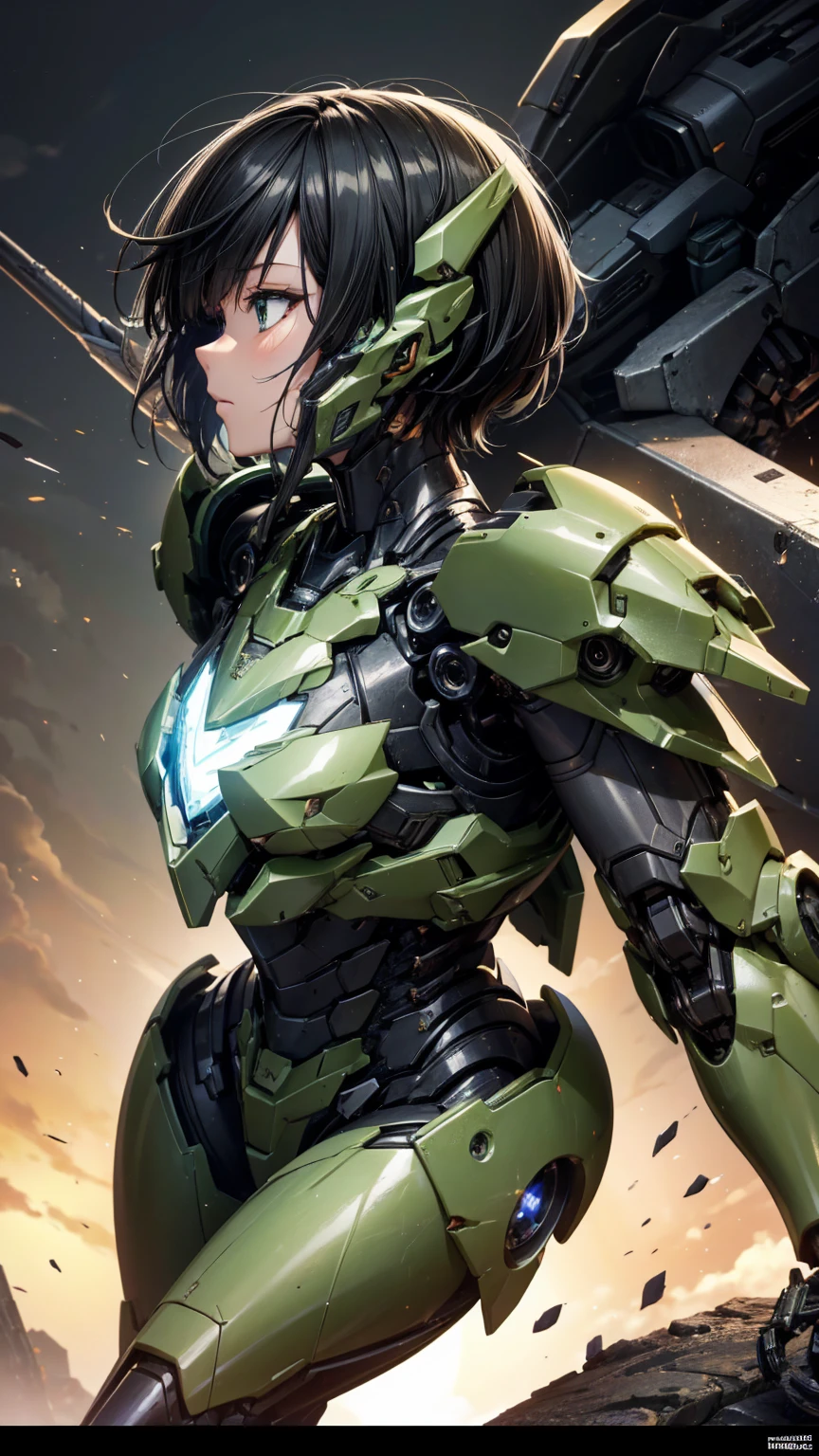 Textured skin, Very detailed, Attention to detail, high quality, 最high quality, High resolution, 1080P, hard disk, beautiful,(War Machine),beautifulサイボーグ女性,Mecha Cyborg Girl,BATTLE MODE,Girl with a mechanical body Black Hair Short Hair Boyish Light green armor Soaked Face liberation Met Off Side view whole body