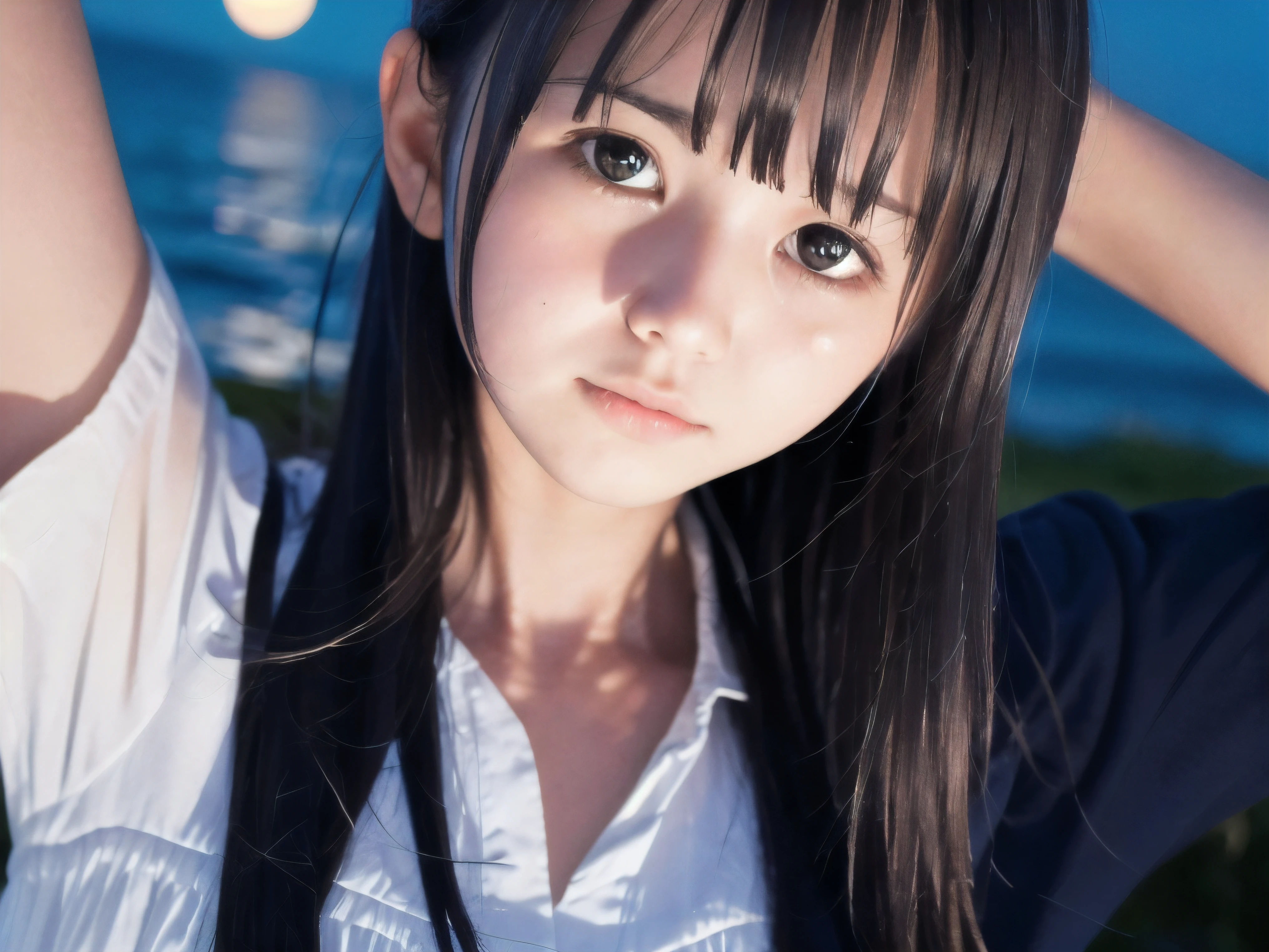 (Close up face shot of slender small-breasted half up brown long hair with bangs girl wearing a white summer dress:1.5)、(One girl is crying with tears at the cape of the sea in Japan:1.5)、(Beautiful midnight with full moon on the sea:1.5)、(blurred background:1.5)、(Natural light:1.5)、(8k ultra detailed master piece:1.5)、(perfect anatomy:1.5)、(Photorealistic stick:1.5)、(Raw photo:1.3)、(highest quality:1.5)、(High resolution:1.3)、(Delicate and beautiful perfect face:1.3)、(Delicate and beautiful eye air skin:1.3)、(Real Human Skin:1.3)、((thin legs))