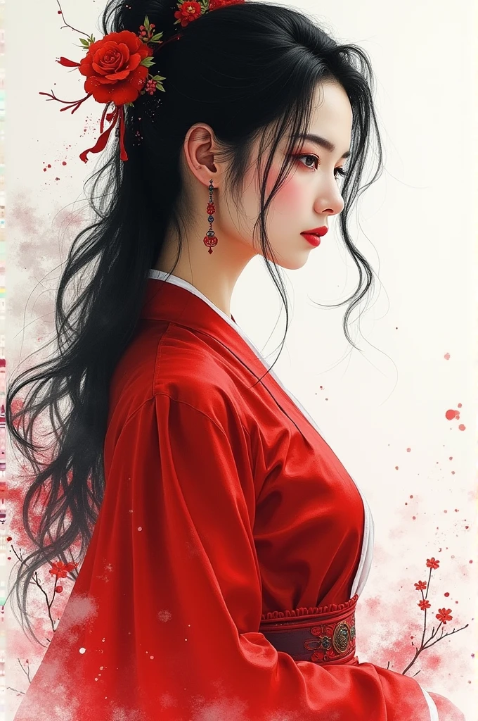 a painting of a woman in red with black hair, in the style of delicate ink washes, epic fantasy scenes, chinese painting, splattered/dripped, white background, traditional costumes, soft focus lens