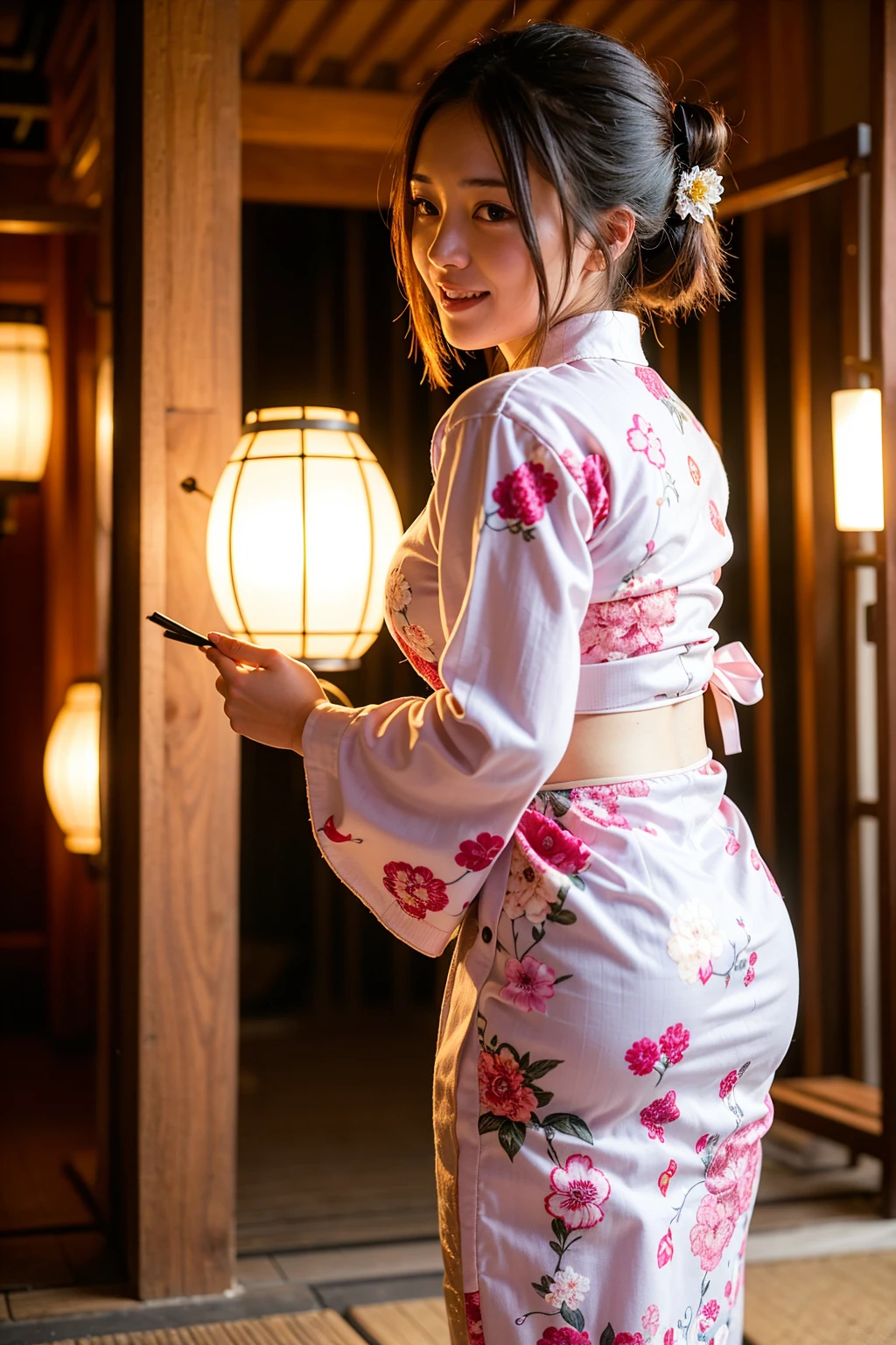 Top quality, A beautiful young woman with very short hair, wearing an elegant yukata adorned with delicate floral patterns. She stands gracefully under a lantern-lit path at a traditional Japanese festival. The soft glow of the lanterns highlights her serene smile and the intricate details of her yukata, creating a captivating and enchanting atmosphere, back pose