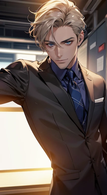 (best quality,4k,8k,highres,masterpiece:1.2),ultra-detailed,(realistic,photorealistic,photo-realistic:1.37),1 man,31 years old,mature man,very handsome,without expression,smile,short grey golden hair,blue eyes,penetrating gaze,perfect face without errors,imposing posture,businessman,office background,cinematic lighting,hdr image
