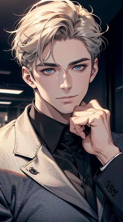 (best quality,4k,8k,highres,masterpiece:1.2),ultra-detailed,(realistic,photorealistic,photo-realistic:1.37),1 man,31 years old,mature man,very handsome,without expression,smile,short grey golden hair,blue eyes,penetrating gaze,perfect face without errors,imposing posture,businessman,office background,cinematic lighting,hdr image