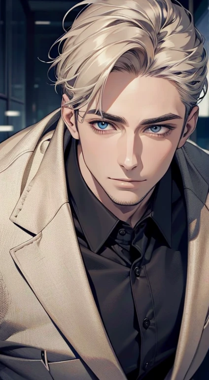 (best quality,4k,8k,highres,masterpiece:1.2),ultra-detailed,(realistic,photorealistic,photo-realistic:1.37),1 man,31 years old,mature man,very handsome,without expression,smile,short grey golden hair,blue eyes,penetrating gaze,perfect face without errors,imposing posture,businessman,office background,cinematic lighting,hdr image