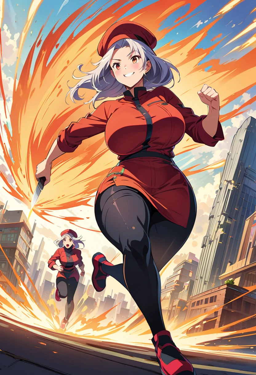  beautiful middle age woman floating over a urban city,sci fi, illustration by Makoto Sinkai,digital anime art,chef woman holding cooking knife,huge busty,side view,run,high-speed,Full body illustration, Beautiful woman running at full speed ,Anime illustration  ,Sprint, Smile, French restaurant background  