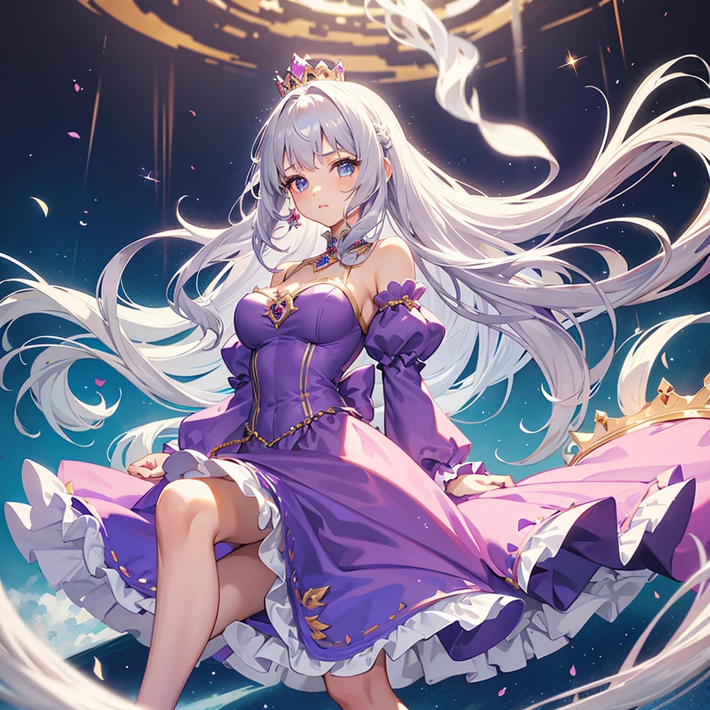 Princess, princess dress, purple dress, puffy sleeves, breasts, tan skin, crown, long hair, silver hair, blue eyes, teasing, diamonds, jewelry, earings, 1girl, solo, mastrpiece, climbing, climbing up