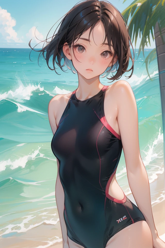 highest quality、realistic、Japanese、girl、zoom、look up、cute、brown eyes、very short hair、boyish、black hair、all back、The forehead is out、Ocean、light blue swimsuit、joy、close up face、slender、small breasts