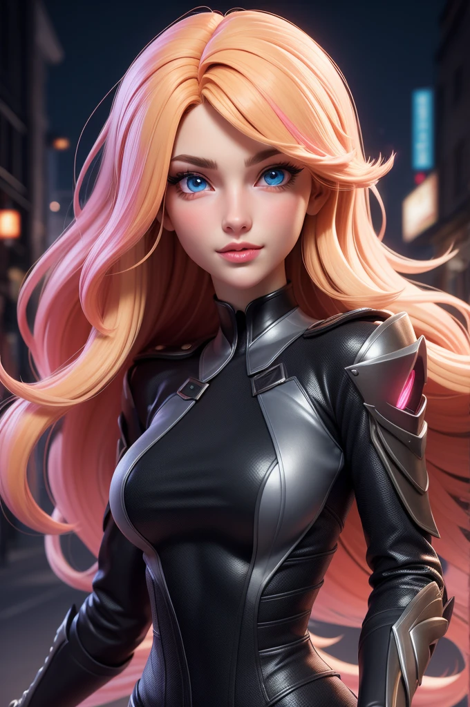 masterpiece, best quality,3d rending work,3DMM style, close-up, portrait, 3D,1girl, solo, perfect face, long hair, agent black outfit, long light blonde hair dyed with pink and with cute fluffy bangs well styled, hair dyed with pink color, detailed light blue eyes highlight light reflecting in her eyes, looking straight to the viewer, realistic, upper body, night street background, colorful lighting, lips, fair skin, perfect hourglass body, she has sharp jawline,holding a gun, The artwork should have the best quality, with ultra-detailed and realistic features. The color palette should be vivid, and the lighting should emphasize the character's facial structure and expression.
