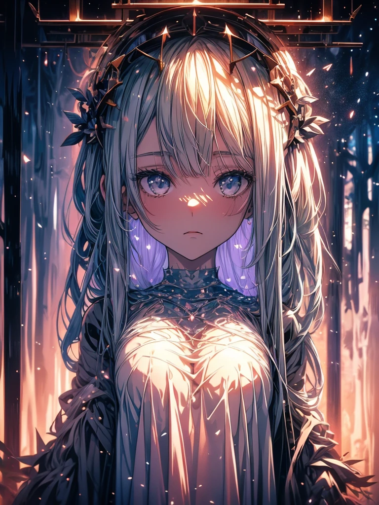 Beautiful girl in a transparent gray robe standing in a dark forest, Magnificent style, Octane Rendering, Desert Composition, Beautiful Face, Detailed face, Surreal, Oil on canvas, Awards, artwork, Art Station Trends, Studio Ghibli, Close-up of a girl