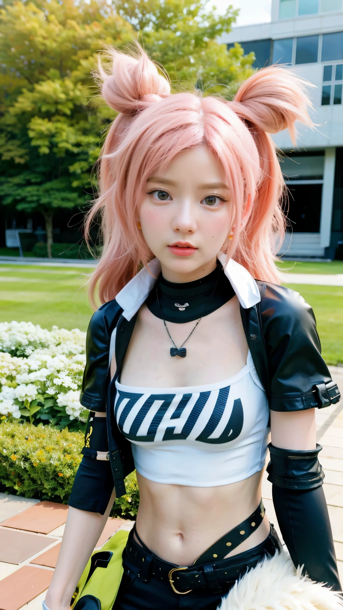 best quality, tmasterpiece,Ultra-high resolution,Clear face,（Reality：1.4），ferpect lighting，(upper body), (photorealistic:1.50), anime wallpaper, Guviz style artwork, cover-up fantasy up to magic , by Yang J, Guviz, beautiful artwork illustration, beautiful digital artwork, beautiful digital illustration, Li Song, beautiful anime portrait, art style in Beauvot, 25 year old woman, 1girl, solo,cosplay, looking at the audience, long hair, (pink hair:1.5),(twintails ),(hair ribbon), Blue eyes, Tube Top, single thighhigh, short shorts, cropped jacket, belt boots, hair ribbon, hairclip, earrings, single sock, high belt, thigh strap, detached sleeves, Doll, black collar, Outdoor, grassland, park, garden, (standing:1.5), night sky, (looking at viwer:1.3), (upper body:1.5), (medium breasts), (shagging breasts),