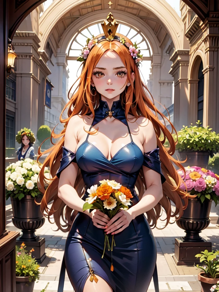 a woman with long orange hair and flowers in her hair is featured in a poster for alphonse mucha's the alphonse mucha by Alphonse Mucha, ((nami))