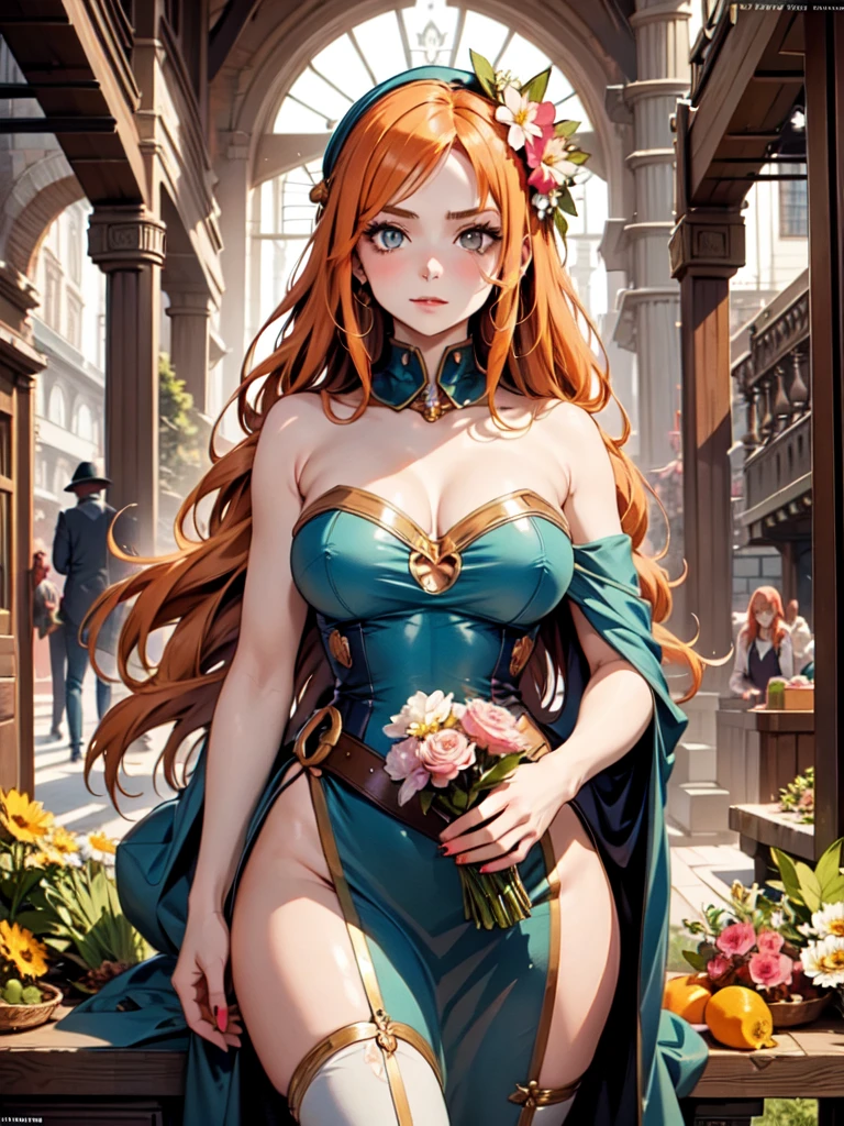 a woman with long orange hair and flowers in her hair is featured in a poster for alphonse mucha's the alphonse mucha by Alphonse Mucha, ((nami))