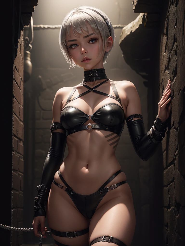 A girl with short silver hair wearing bondage gear is standing in a dimly lit dungeon.。She is holding a whip