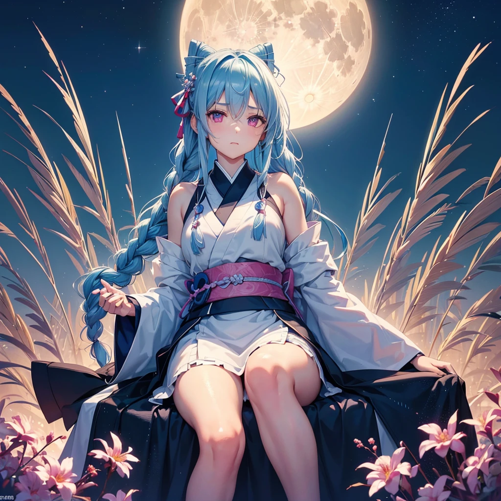 Sky blue hair, (1 braided hair), (Pink eyes),Fair skin)  ,(whole body),(One Girl),(White sweet dumplings ),Japanese pampas grass,(beautiful, Full moon shining in the night sky),(masterpiece, Highest quality, Very detailed, Best Shadow), (Detailed Background), (Beautifully detailed face), High Contrast, (Best lighting, Very delicate and beautiful), ((Cinematic Light)), Hyper Detail,8k, Dramatic Light, Intricate details,Sit down and eat dumplings,