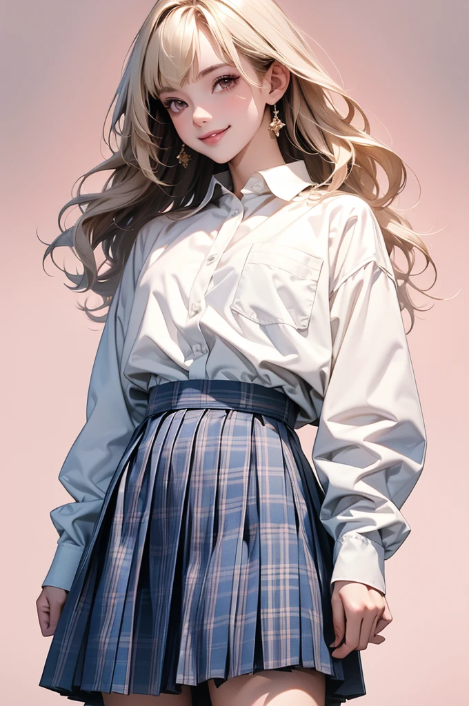 high resolution,smile,happy,light smile,woman,woman1人,adult,Clear,cute,
Blonde Hair,BREAK, Brown eyes,BREAK,wavy hair,long hair,blunt bangs,BREAK,
high school girl,uniform,White Y-shirt,Long sleeve Y-shirt,BREAK,
Dark blue plaid skirt,Pleated skirt,BREAK,
glitter hair pin, Facing forward,BREAK,Pink background,