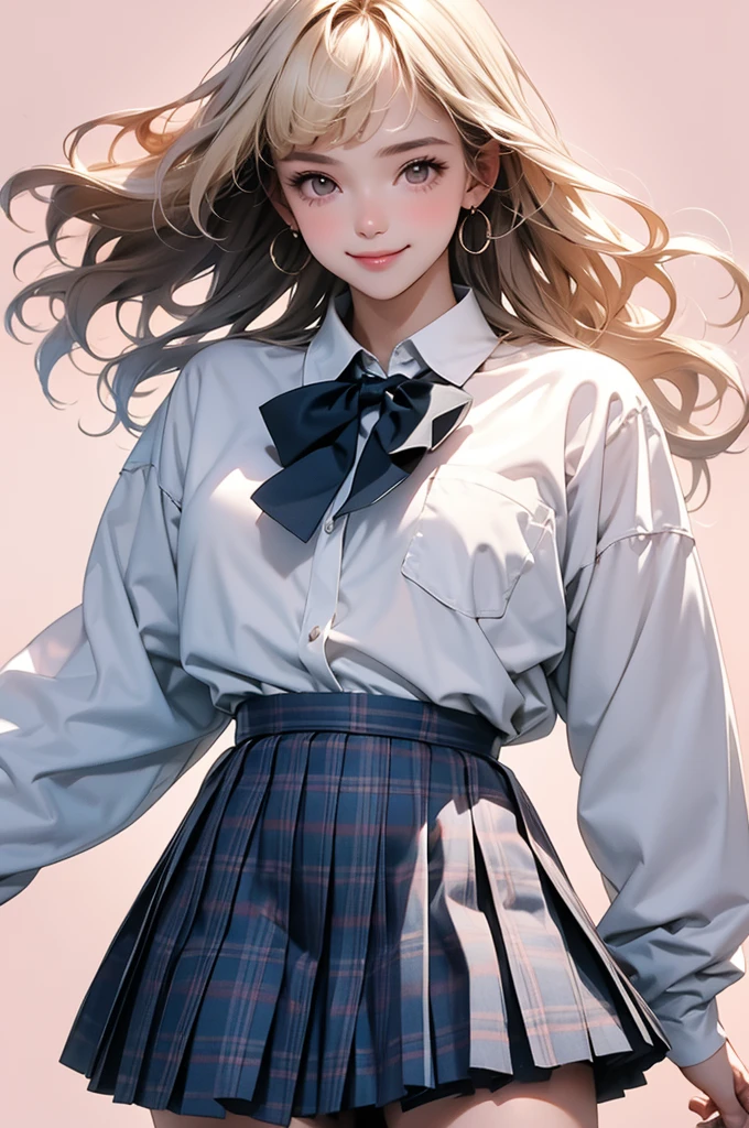 high resolution,smile,happy,light smile,woman,woman1人,adult,Clear,cute,
Blonde Hair,BREAK, Brown eyes,BREAK,wavy hair,long hair,blunt bangs,BREAK,
high school girl,uniform,White Y-shirt,Long sleeve Y-shirt,BREAK,
Dark blue plaid skirt,Pleated skirt,BREAK,
glitter hair pin, Facing forward,BREAK,Pink background,