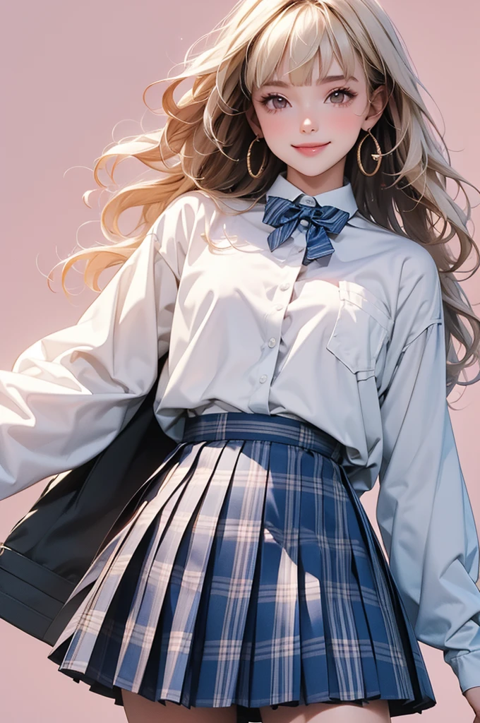 high resolution,smile,happy,light smile,woman,woman1人,adult,Clear,cute,
Blonde Hair,BREAK, Brown eyes,BREAK,wavy hair,long hair,blunt bangs,BREAK,
high school girl,uniform,White Y-shirt,Long sleeve Y-shirt,BREAK,
Dark blue plaid skirt,Pleated skirt,BREAK,
glitter hair pin, Facing forward,BREAK,Pink background,