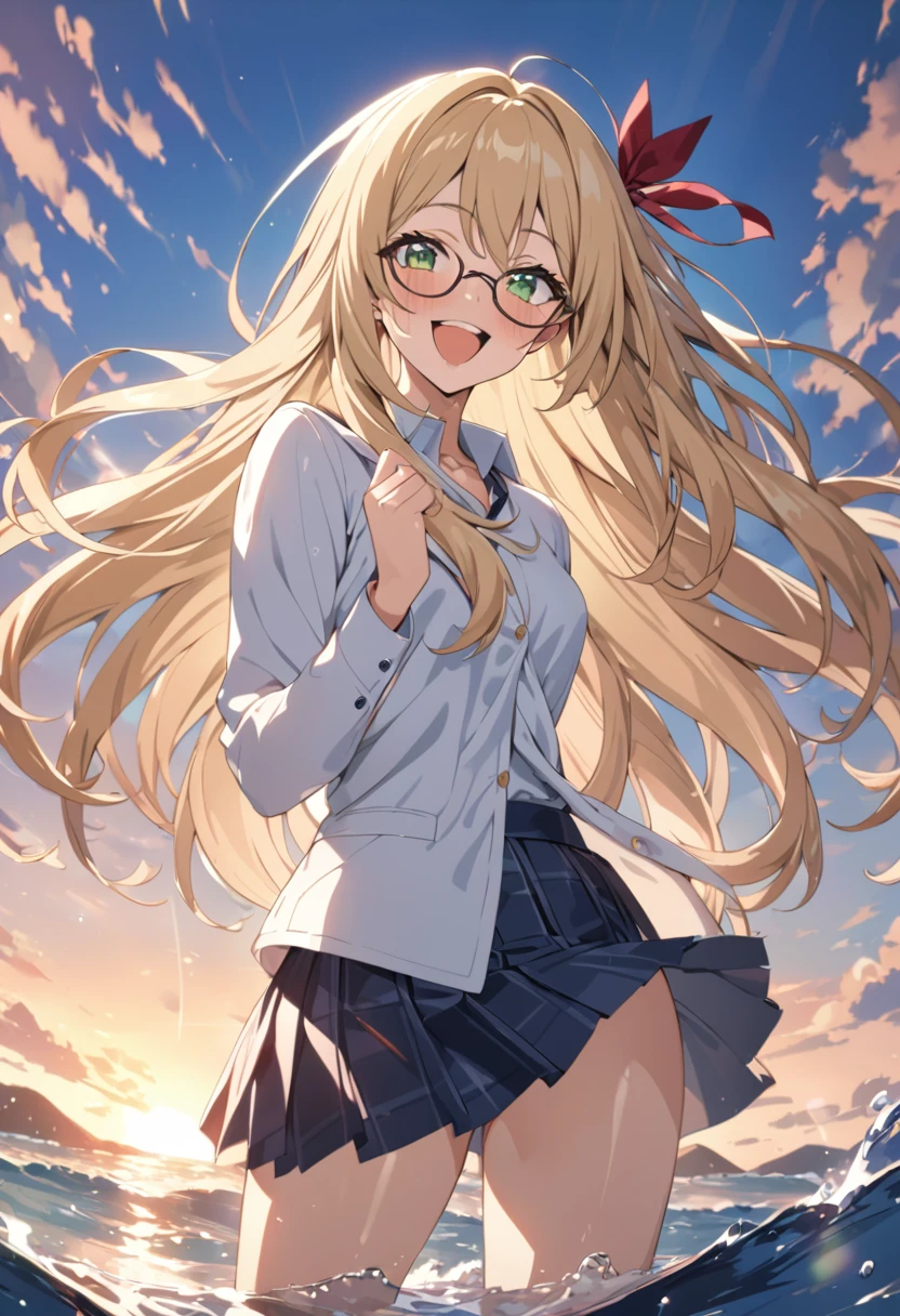 masterpiece, best quality, high quality, detailed, ultra detailed, hyper detailed, insanely detailed, exquisite, beautiful, FHD, Full-HD, 4K, 8K, highres, absurdres, woman, happy, laughing, standing, looking at viewer, straight hair, shiny hair, blonde, green eyes, tall, glamorous, leggy, school uniform, undone clothing, glasses, hair ribbon, Joyful Scene, in the ocean, at dusk, romantic academia, cel anime, upper body, cowboy shot, from front, golden ratio