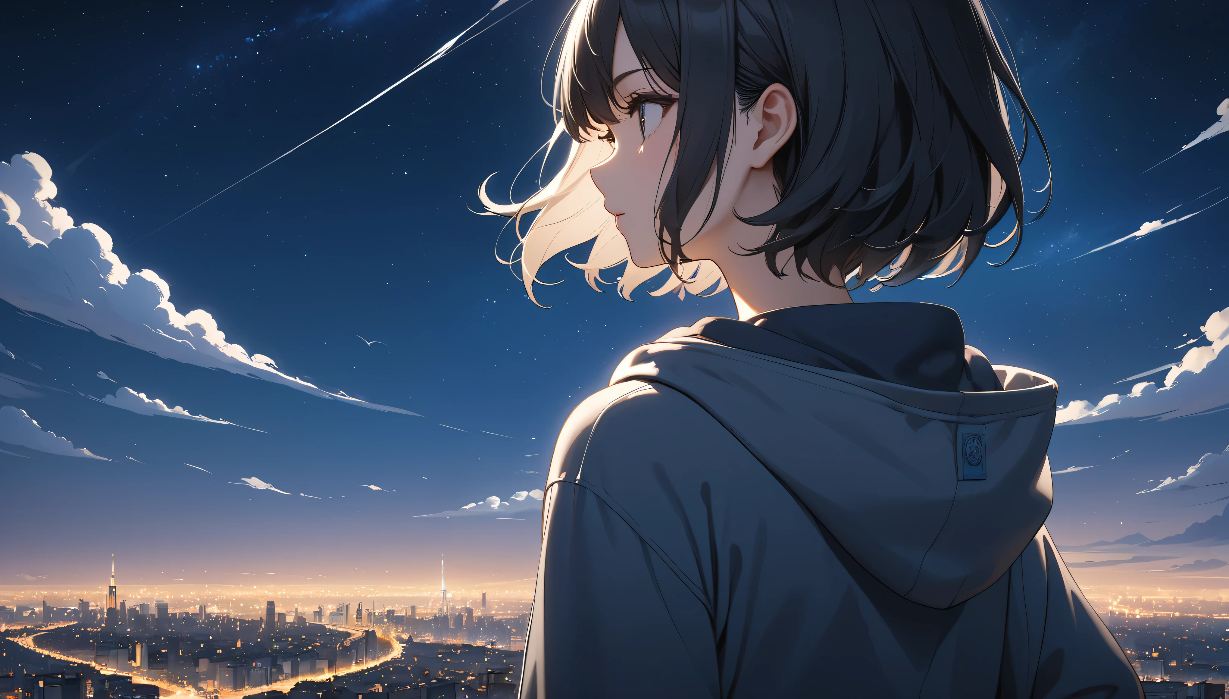 Starry Sky、One woman、Black Hair、Short Hair、Hair blowing in the wind、Wearing a hoodie、Back view、Full body portrait、Overlooking the city from afar