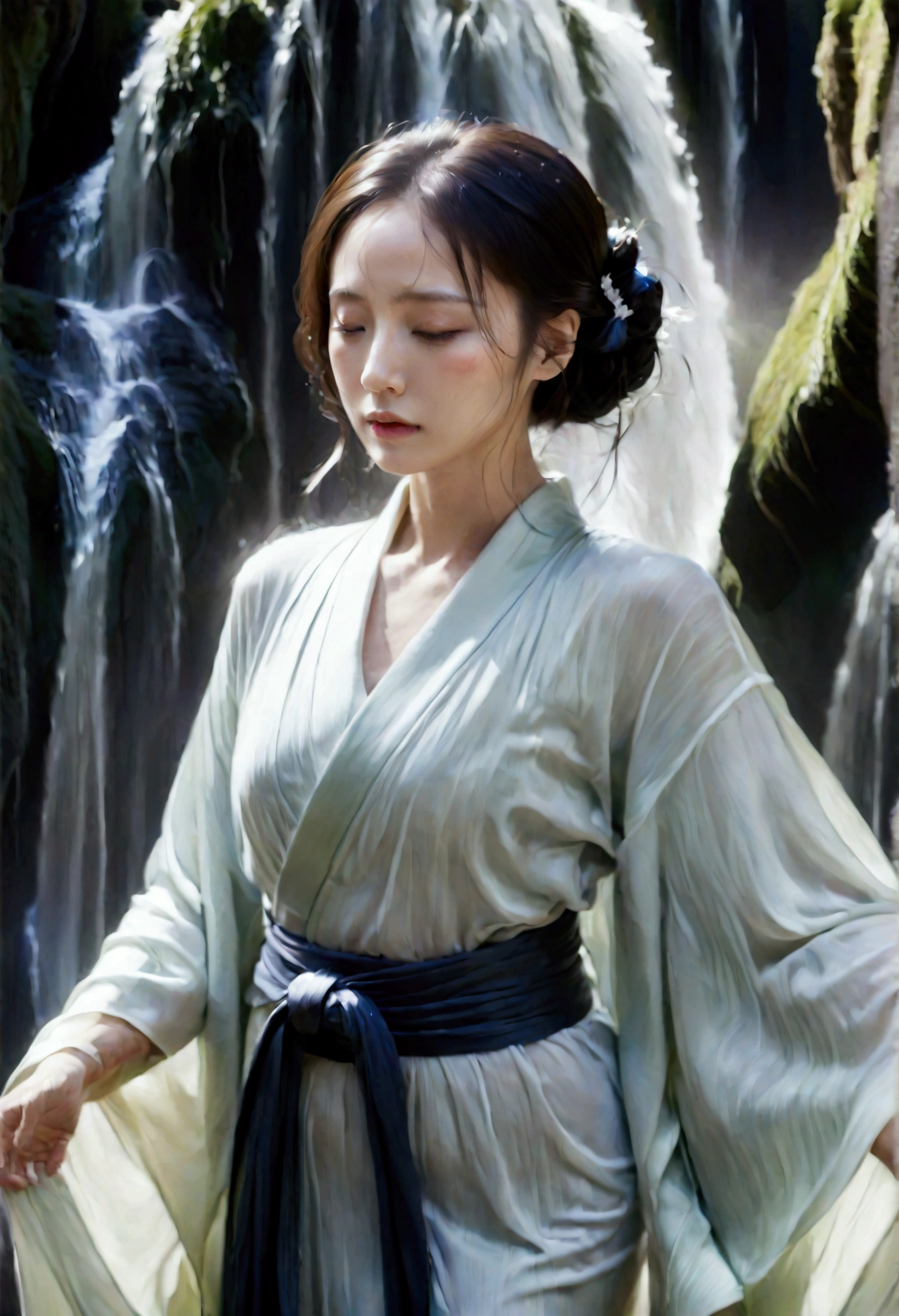 Illustrate a woman undergoing spiritual training by standing under a waterfall, her wet kimono clinging to her body and revealing her translucent skin. Capture the serene and introspective atmosphere of the scene, with the woman's closed eyes and serene expression conveying her deep focus and dedication to her mental and physical discipline. Use a muted color palette to enhance the tranquility of the surroundings, with the waterfall cascading down from a rocky cliff and the surrounding foliage adding a sense of natural beauty and isolation. Pay attention to the details of the woman's wet kimono, with its intricate patterns and folds, as well as the gentle play of light and shadow on her skin. Depict the water droplets falling from her hair and the mist rising from the water, creating a sense of movement and energy in the image. Overall, create an image that represents the transformative power of nature and the inner strength of the woman undergoing her spiritual journey.

