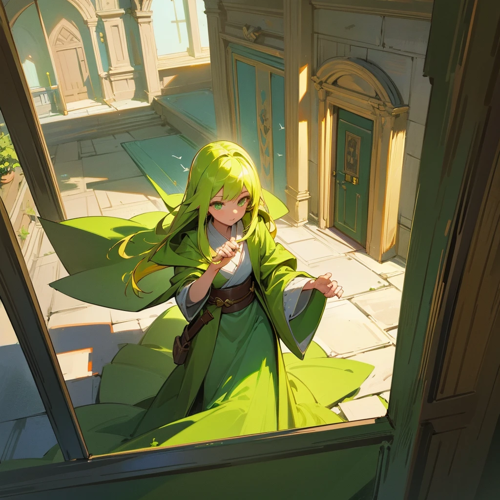bird eye view, High Quality, High Resolution 1girl, green eyes, long yellow hair,green robe mage, fantasy, opening large door, tavern, medieval