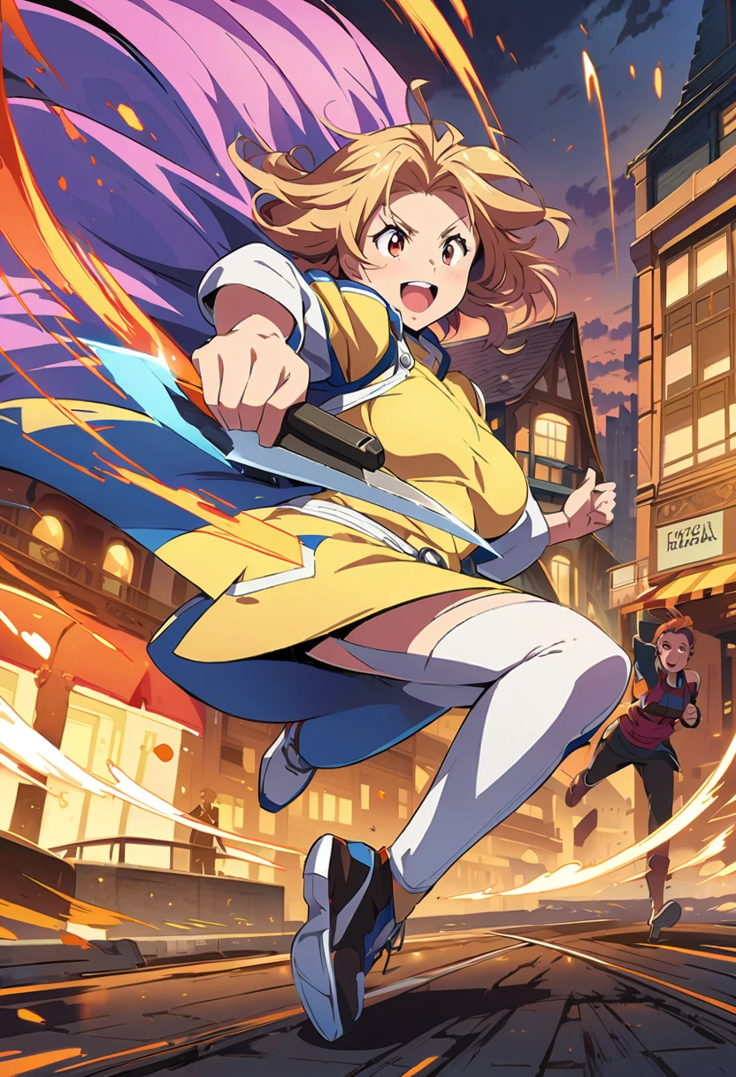 beautiful middle age woman floating over a urban city,sci fi, illustration by Makoto Sinkai,digital anime art,chef woman holding cooking knife,huge busty,side view,run,high-speed,Full body illustration, Beautiful woman running at full speed ,Anime illustration ,Sprint, Smile, French restaurant background