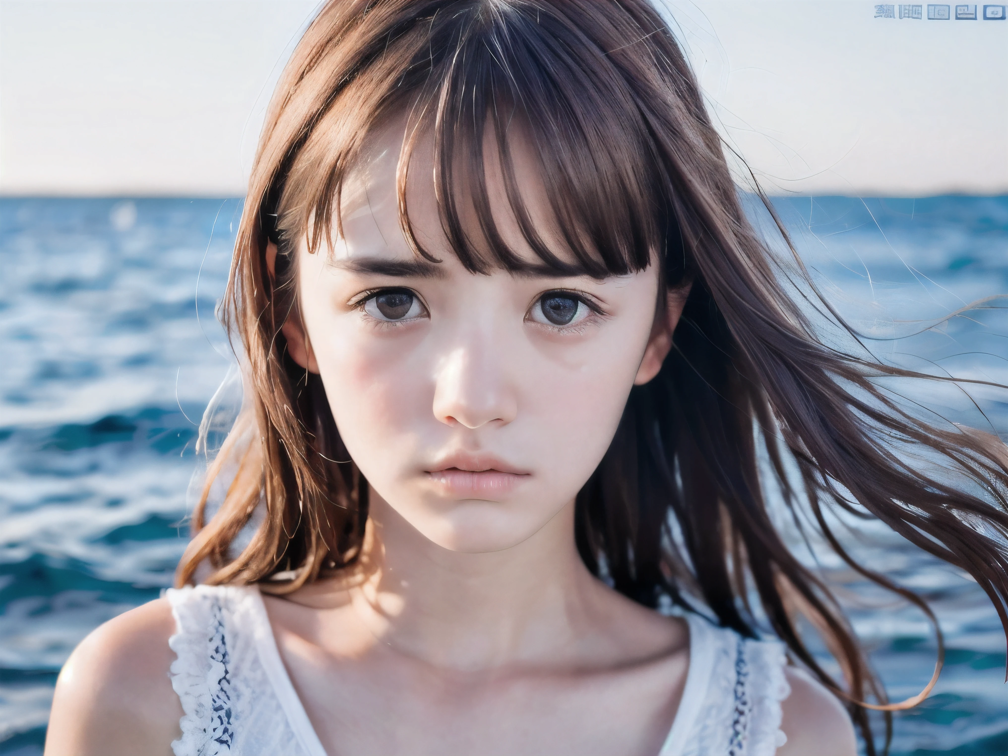 (Close up face shot of slender small-breasted red brown wavy long hair with dull bangs girl wearing a white summer dress:1.5)、(One girl is crying face with tears at the cape of the sea in Japan:1.5)、(Beautiful midnight with full moon on the sea:1.5)、(blurred background:1.5)、(Natural light:1.5)、(8k ultra detailed master piece:1.5)、(perfect anatomy:1.5)、(Photorealistic stick:1.5)、(Raw photo:1.3)、(highest quality:1.5)、(High resolution:1.3)、(Delicate and beautiful perfect face:1.3)、(Delicate and beautiful eye air skin:1.3)、(Real Human Skin:1.3)、((thin legs))