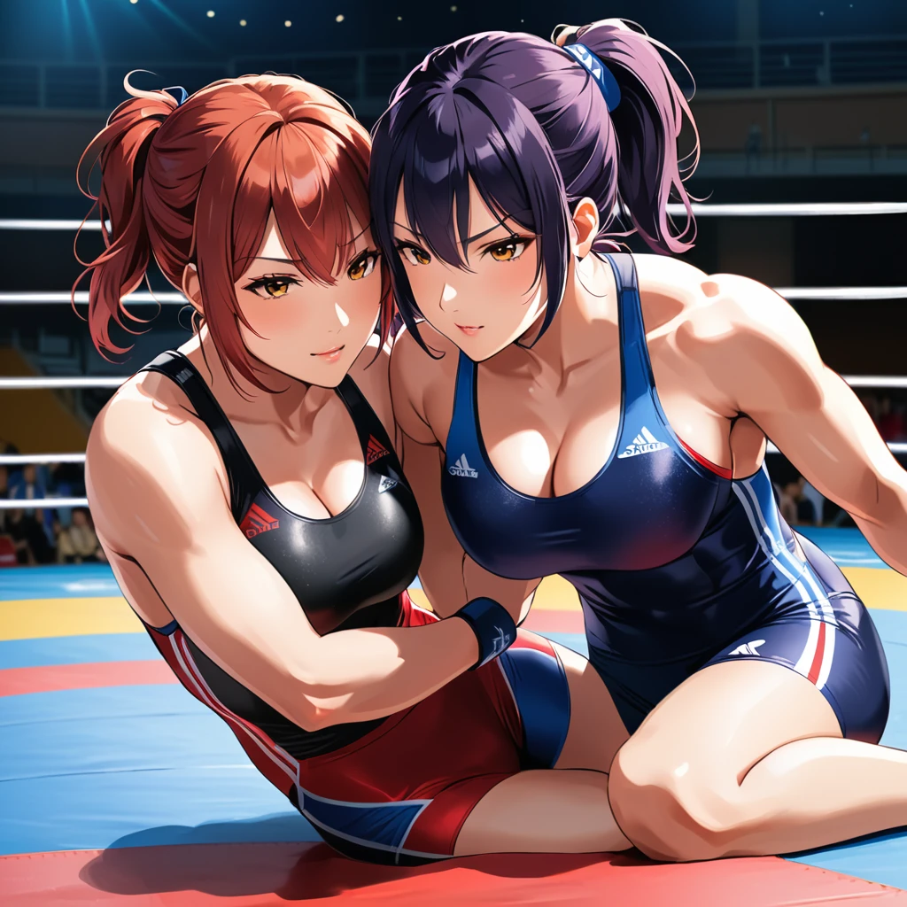 high quality,HD,16k,sharp lines,2 girl,Female freestyle wrestling athlete ,cute face, large breasts, nice legs,At the freestyle wrestling venue,focus girl,detailed beautiful face,detailed clothes,beautiful eyes,cool,dynamic angle,in a close and intense fight on a mat, showing their submission hold techniques with a lot of sweat on their body 