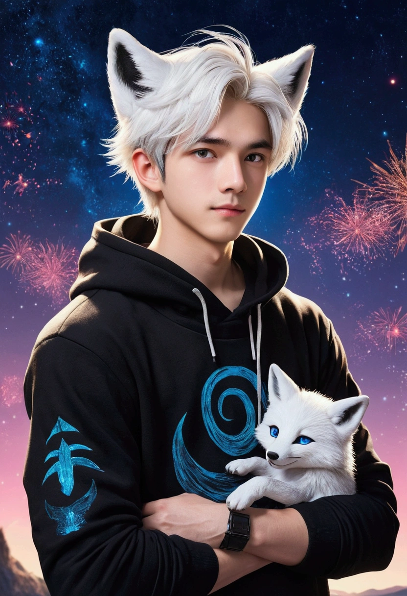 Starry_Sky, moon, new moon_moon, night_Sky, night, shooting_Star, Sky, galaxy, Starry_Sky_Print, male_Key Points, full_moon, aurora, milky_Way, hairy, 1 boy, constellation, moonlight, Solitary, hairy_male, Starry_background, ember, fireworks,blush,  detailed_background,Astonishing_background,White fur,  Fox Boy,  Black Hoodie, Fox Tail, Multi-tail, blue eyes, White hair,detailed face,detailed eyes,Head tilt, 