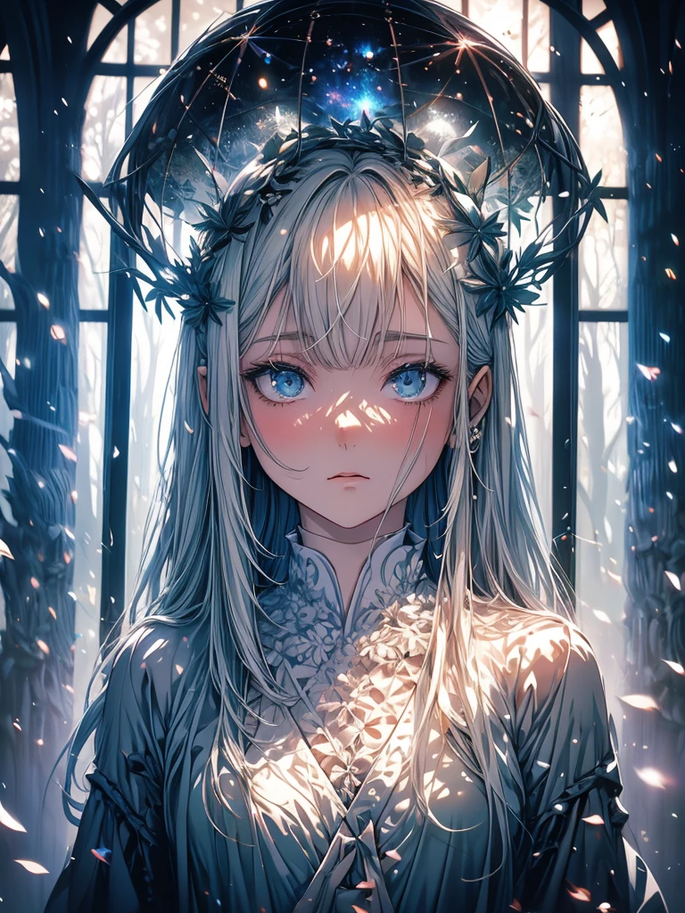 Beautiful girl in a transparent gray robe standing in a dark forest, Magnificent style, Octane Rendering, Desert Composition, Beautiful Face, Detailed face, Surreal, Oil on canvas, Awards, artwork, Art Station Trends, Studio Ghibli, Close-up of a girl