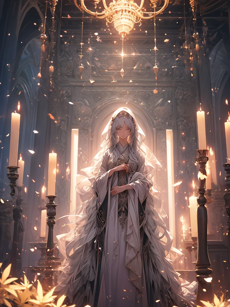 Beautiful girl in a transparent gray robe standing in a dark forest, Magnificent style, Octane Rendering, Desert Composition, Beautiful Face, Detailed face, Surreal, Oil on canvas, Awards, artwork, Art Station Trends, Studio Ghibli, Close-up of a girl