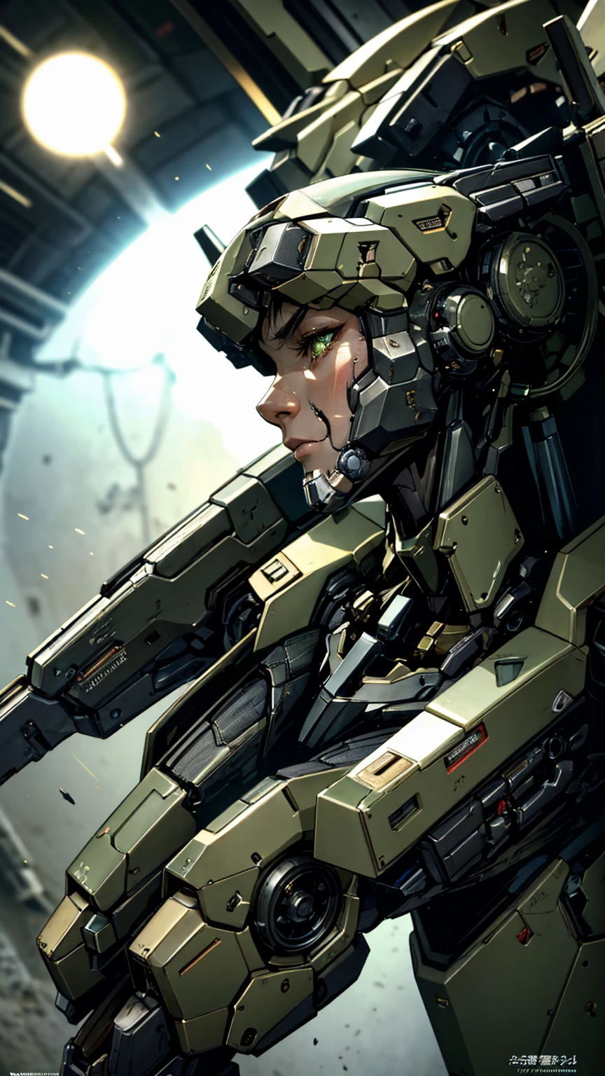 Textured skin, Very detailed, Attention to detail, high quality, 最high quality, High resolution, 1080P, hard disk, beautiful,(War Machine),beautifulサイボーグ女性,Mecha Cyborg Girl,BATTLE MODE,Girl with a mechanical body Black Hair Short Hair Boyish Light green armor Soaked Face whole body