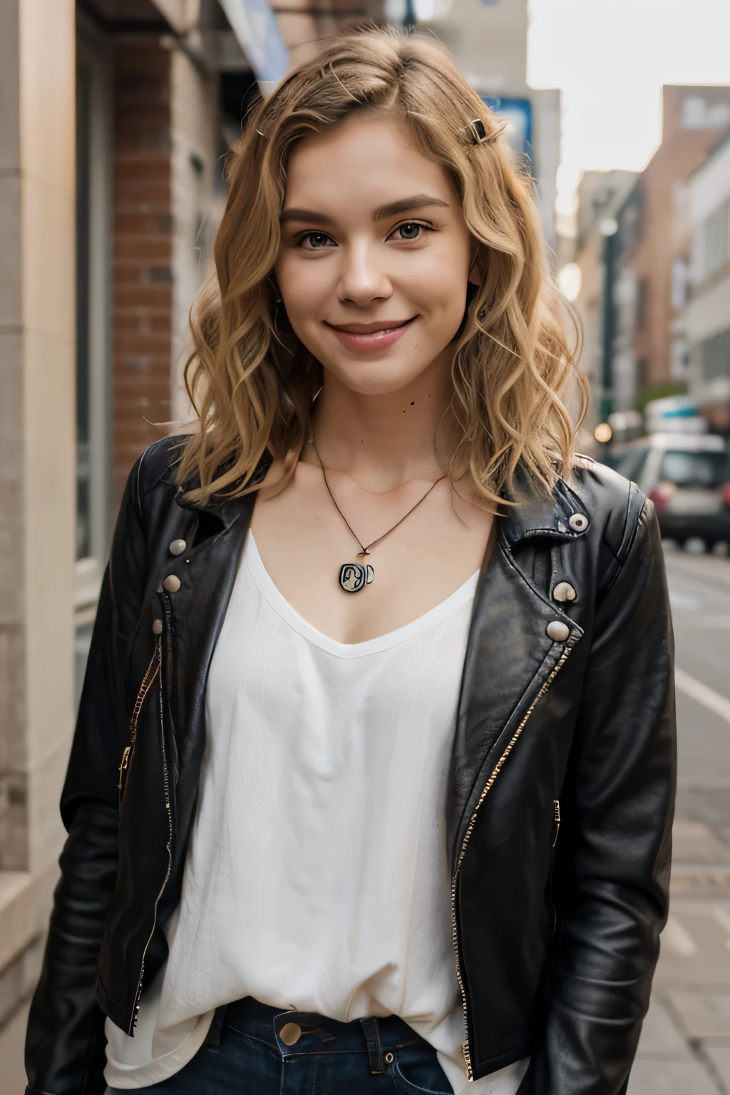 Highest quality, White women、Blonde Hair、Ear piercing、Wavy Hair、Short Haircut、smile、necklace、leather jacket、shirt、The background is the city