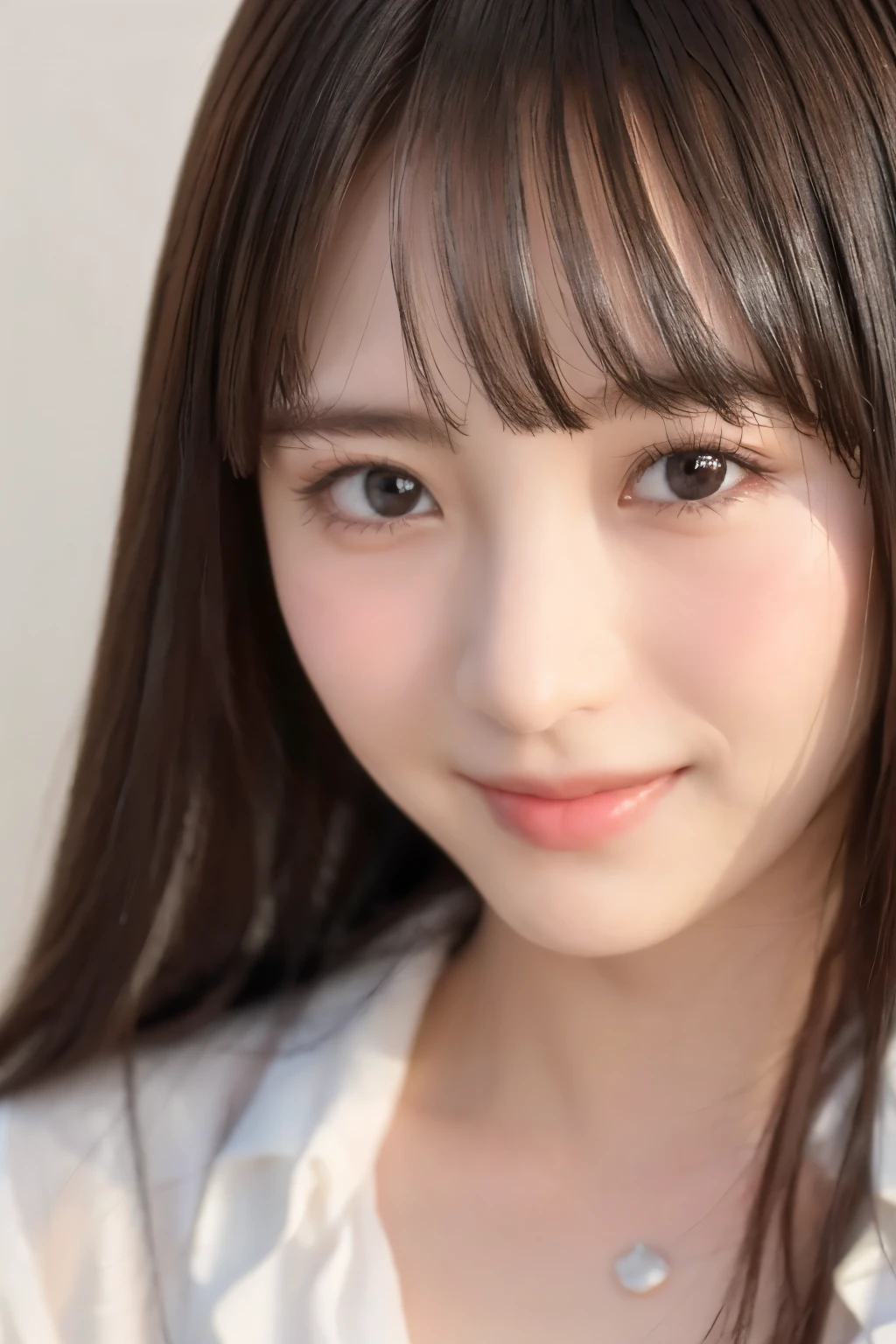 (Highest quality、Tabletop、Best image quality、Award-winning works)、 pretty girl、(Face close-up:1.1)、(A perfect and elegant shirt:1.2)、(Close-up of face:1.2)、Perfect girl portrait photo、Glowing Skin、Standing Elegantly、(Strongly blurred simple background:1.1)、(Spectacular Cinema Lighting:1.1)、Glowing White Skin、(standing elegantly:1.1)、Very white skin、smile、(Small cleavage:1.1)、(非常に明るくGlowing Skin:1.3)、Very beautiful skin color
