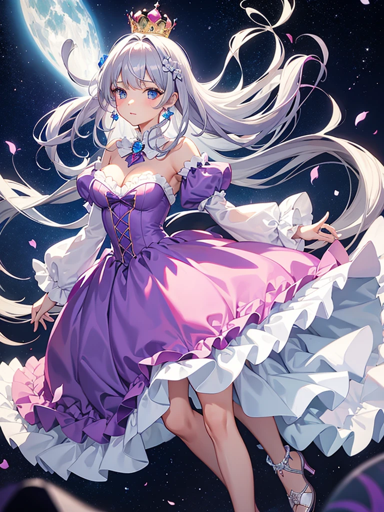 Princess, princess dress, purple dress, puffy sleeves, breasts, tan skin, crown, long hair, silver hair, blue eyes, heels, 1girl, Solo, wind
