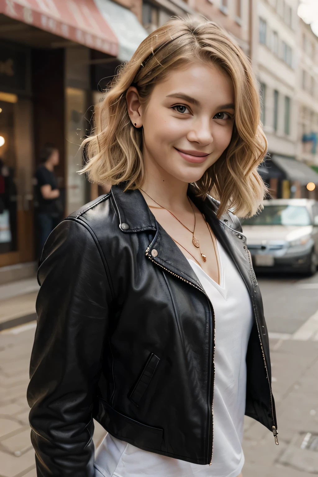Highest quality, White women、Blonde Hair、Ear piercing、Wavy Hair、Short Haircut、smile、necklace、leather jacket、shirt、The background is the city