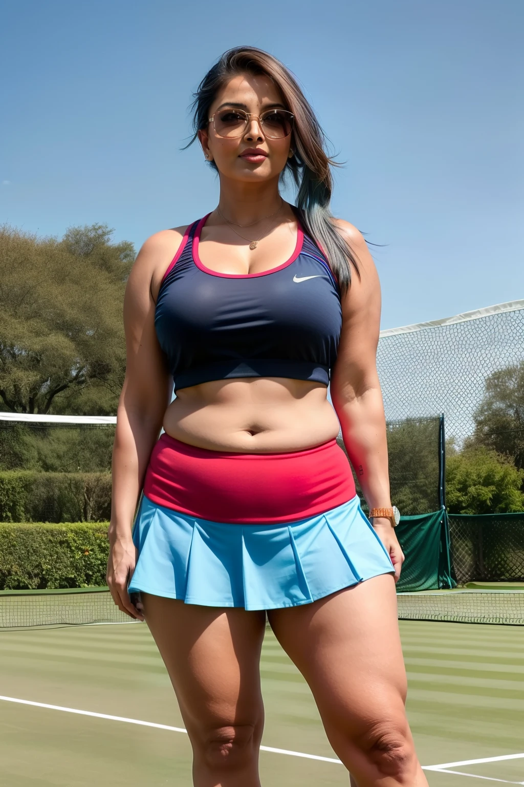 Full body photo of 50YO MATURE MILF AISHWARYA RAI as SEXIEST BIMBO TENNIS STAR, ((COMPLETE RED MICRO MINI SKIRT AND T-SHIRT EXPOSING BELLY NAVEL)), ((ponytail BLUE COLOURED hair)), ((WALKING IN GRASS COURT)), day scene, ((curvaceous mature hourglass figure)), ((FLIRTATIOUS SMIRKING look straight at camera)), soft volumetric lights, intricate details, (ArtStation:1.2)