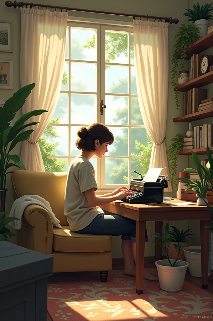 living room, bench, window, curtain, Dappled sunlight, Potted plants, table, cabinet,bookshelf, Paper, desk lamp, typewriter, girl sitting on the sofa