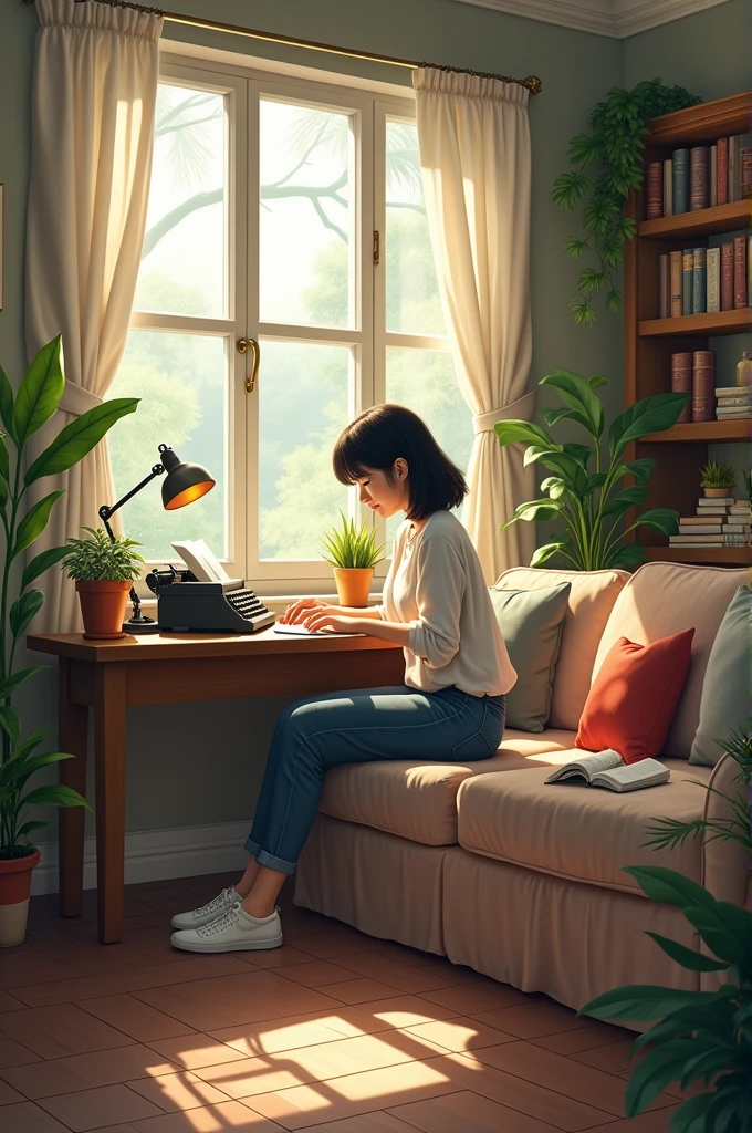 living room, bench, window, curtain, Dappled sunlight, Potted plants, table, cabinet,bookshelf, Paper, desk lamp, typewriter, girl sitting on the sofa