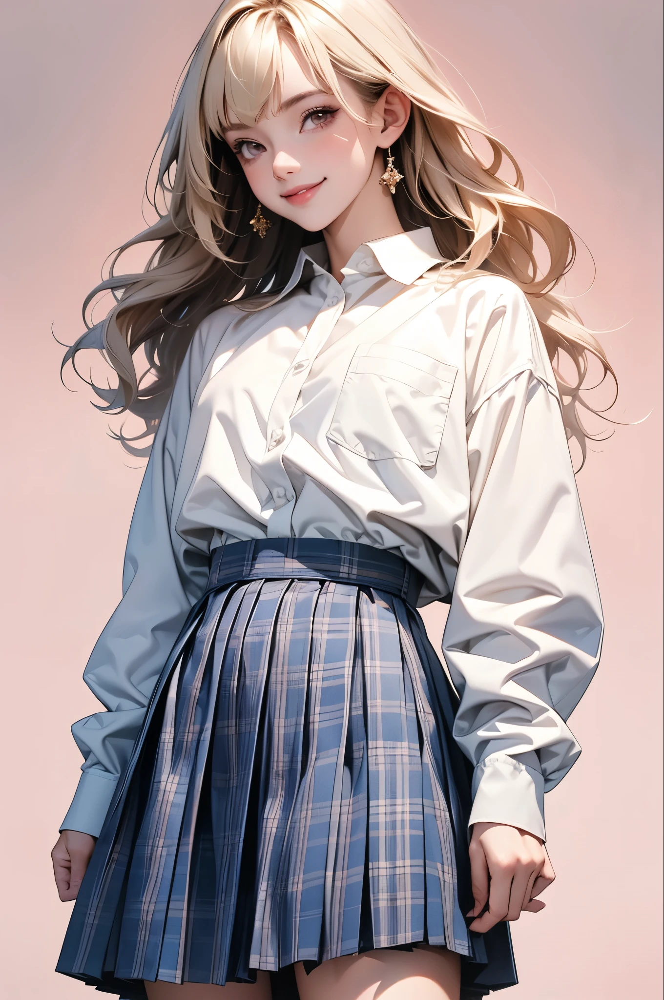 high resolution,smile,happy,light smile,woman,woman1人,adult,Clear,cute,
Blonde Hair,BREAK, Brown eyes,BREAK,wavy hair,long hair,blunt bangs,BREAK,
high school girl,uniform,White Y-shirt,Long sleeve Y-shirt,BREAK,
Dark blue plaid skirt,Pleated skirt,BREAK,
glitter hair pin, Facing forward,BREAK,Pink background,