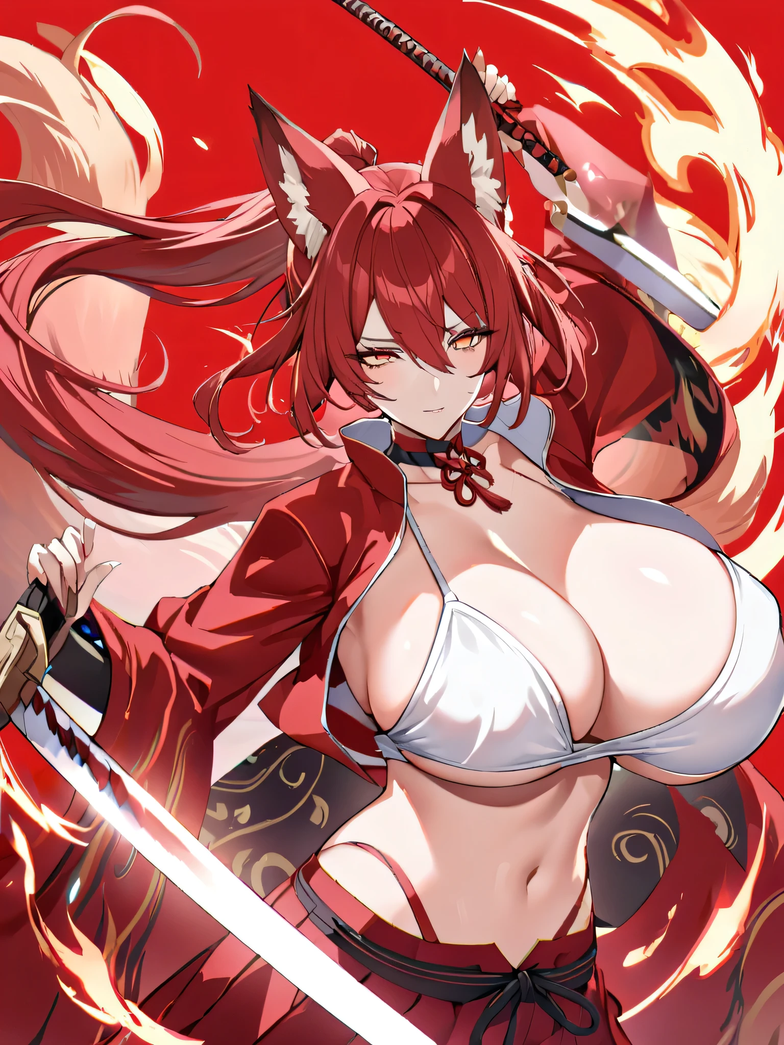 8K Best quality Best work Red long ponytail Red fox ears Nine fox tails Very large breasts Flaming Japanese sword Red jacket Long hakama Red eyeshadow on lower eyelids Red burning background Japanese style Samurai Flame hell Five fingers