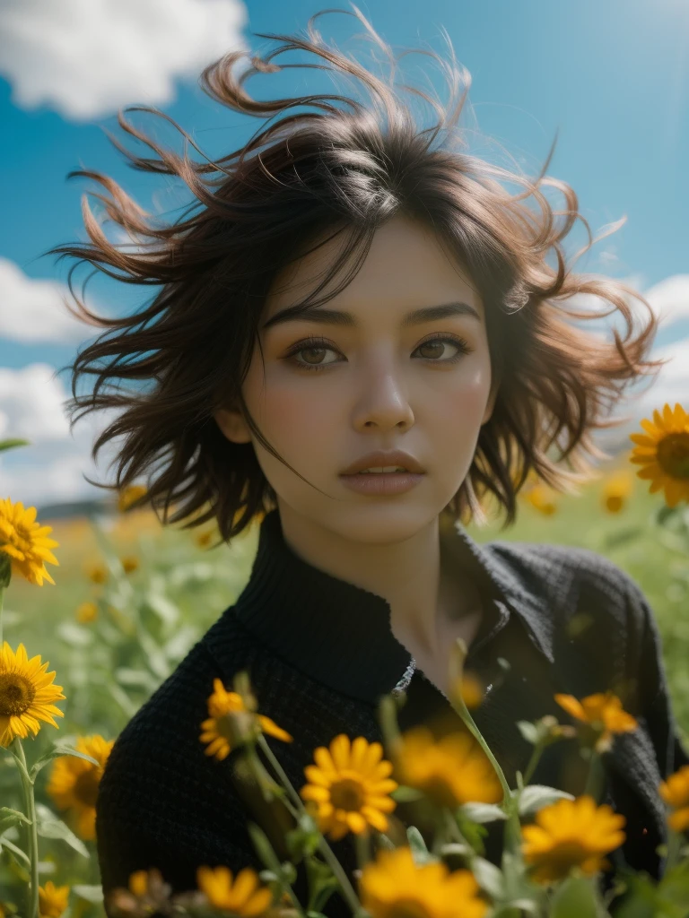Same photo style, (Black short hair blowing in the wind:1.2), kazakh women in black woollen shirt, in wild meadow, summer, sunlight, surreal view, real object, same posing, sharp focus, dramatic shadow, ultra highly detailed, film looks, realism