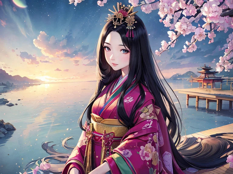 (Highest quality、 8k 、masterpiece、High resolution)、Heian period、A beautiful young woman from the nobility、、(Straight hair、Long, beautiful black hair)，(12 Single layer kimono、The beauty of layered colors)，Official Art、Detailed CG、