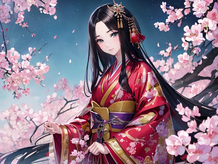(Highest quality、 8k 、masterpiece、High resolution)、Heian period、A beautiful young woman from the nobility、、(Straight hair、Long, beautiful black hair)，(12 Single layer kimono、The beauty of layered colors)，Official Art、Detailed CG、