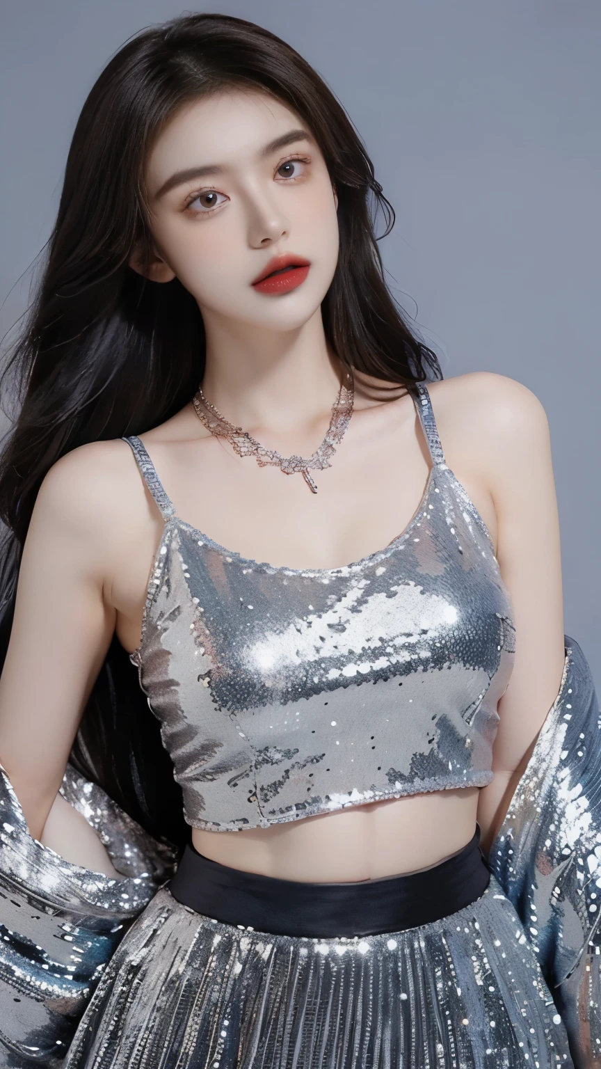 Low-cut sequined crop top，necklace. (best quality : 1.2), (masterpiece, reality : 1.3), super detail, anatomically correct
