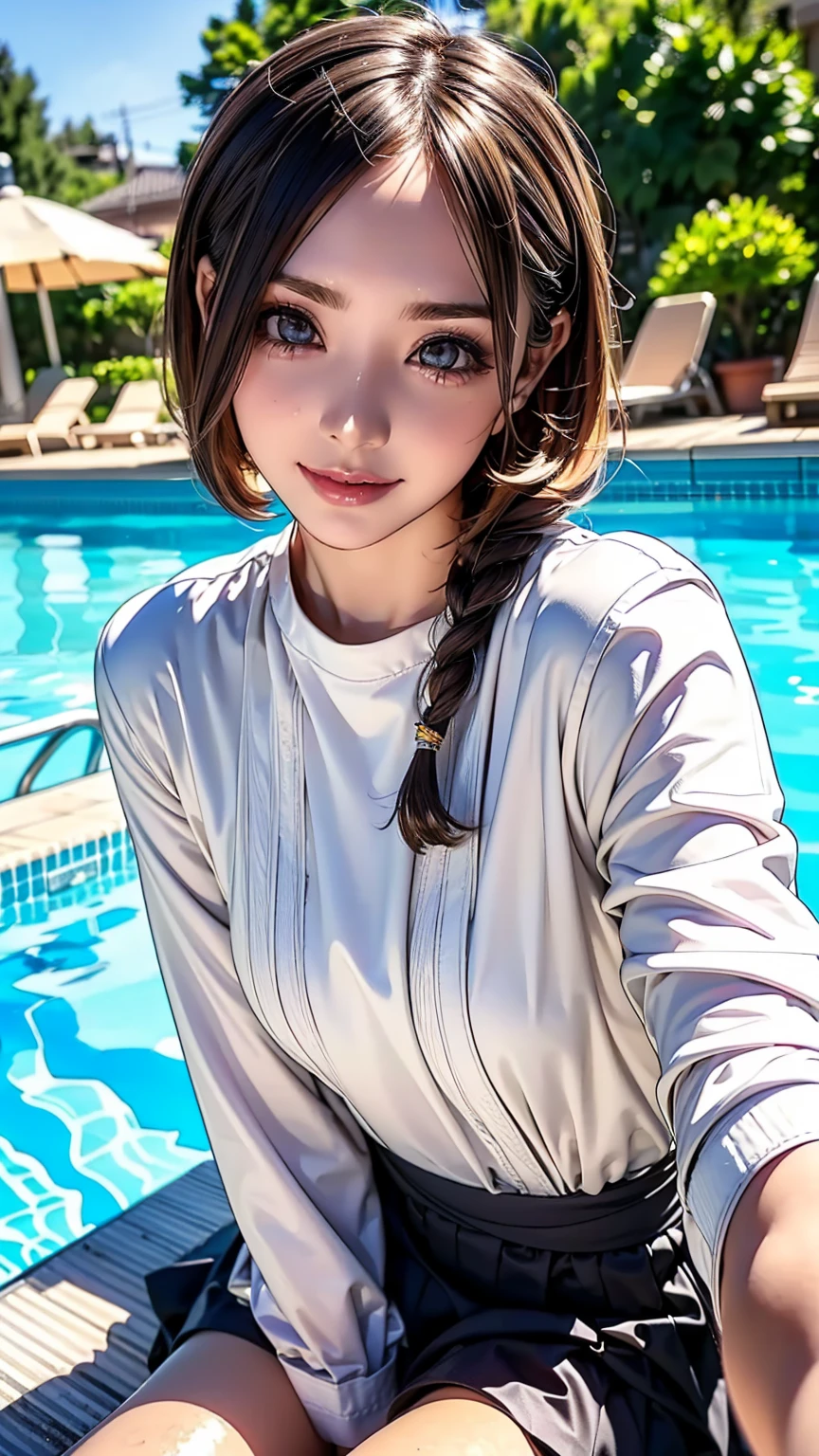 Realistic, masterpiece, Highest quality, Highest Resolution, High Detail, Soft Light, Professional Lighting, Backlight, Film Grain, The background is blurred, Japanese schoolgirl, (被写体はShooting from belowされた, The subject does not look at the camera:1.3), , Lower body photo, Shooting from below, Looks sleepy, inattention, Grinning, Open your mouth, Beautiful and detailed eye drawing, (Droopy eyes:1.3), Dark Eyes, Thin eyebrows, Draw eyelashes carefully, Eyelash extensions, Gal Makeup, Orange Cheek, (White brown braids,Short Hair, middle part:1.3), (Hidden eyelid wrinkles:1.3), (Latex fitted shirt:1.3), (Poolside under the blazing sun:1.3)