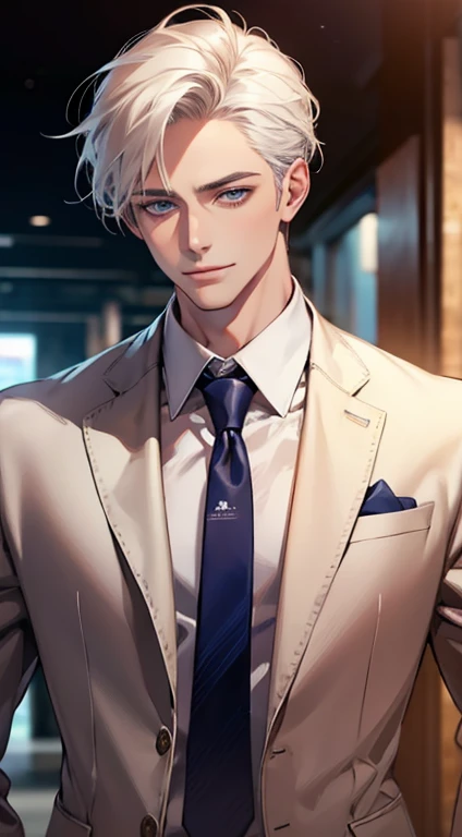 (Highest quality,4K,8K,High resolution,masterpiece:1.2),Super detailed,(Realistic,photoRealistic,photo-Realistic:1.37),1 person,31 years old,Mature Men,Beautiful skin、very handsome,Expressionless,smile,Short white hair,blue eyes,Sharp Eyes,A perfect face without a doubt,Businessman,Office Background,Cinema Lighting,HDR image,tie、