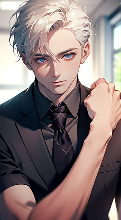 (Highest quality,4K,8K,High resolution,masterpiece:1.2),Super detailed,(Realistic,photoRealistic,photo-Realistic:1.37),1 person,31 years old,Mature Men,Beautiful skin、very handsome,Expressionless,smile,Short white hair,blue eyes,Sharp Eyes,A perfect face without a doubt,Businessman,Office Background,Cinema Lighting,HDR image,tie、