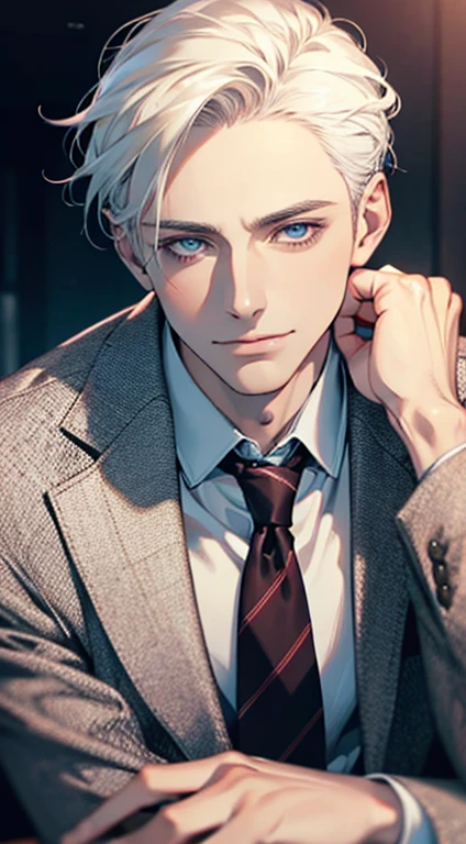 (Highest quality,4K,8K,High resolution,masterpiece:1.2),Super detailed,(Realistic,photoRealistic,photo-Realistic:1.37),1 person,31 years old,Mature Men,Beautiful skin、very handsome,Expressionless,smile,Short white hair,blue eyes,Sharp Eyes,A perfect face without a doubt,Businessman,Office Background,Cinema Lighting,HDR image,tie、